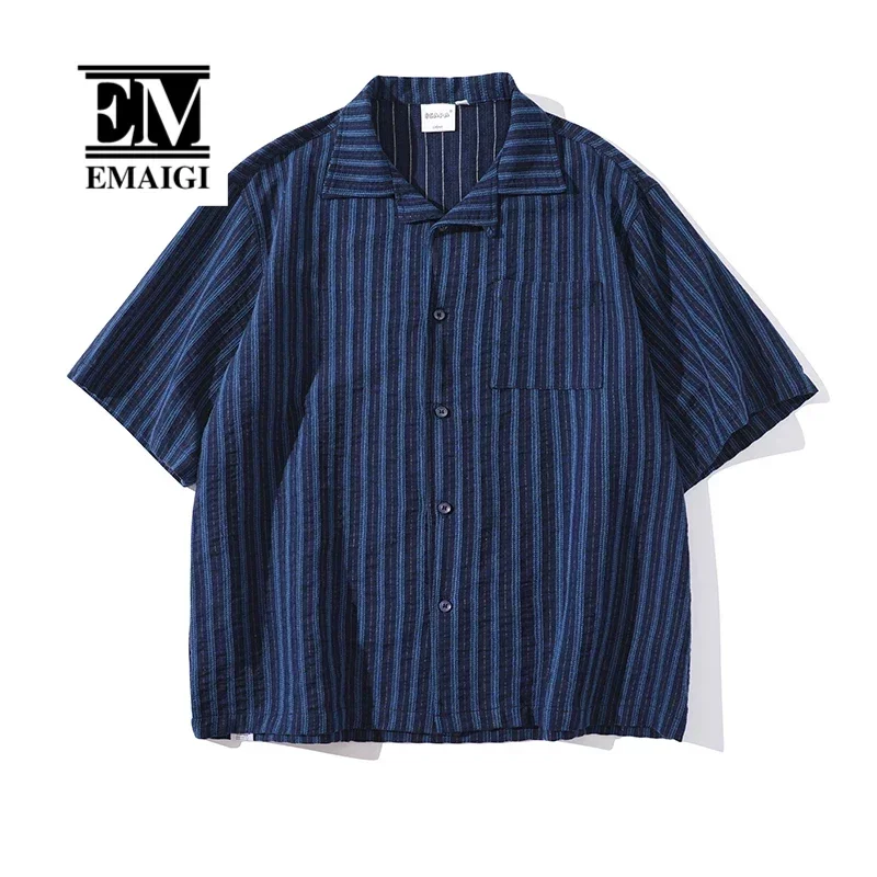 Letnie męskie kubańskie kołnierzyki Vintage Cityboy japońska moda uliczna luźne na co dzień Oversize z krótkim rękawem koszule w paski męskie bluzki