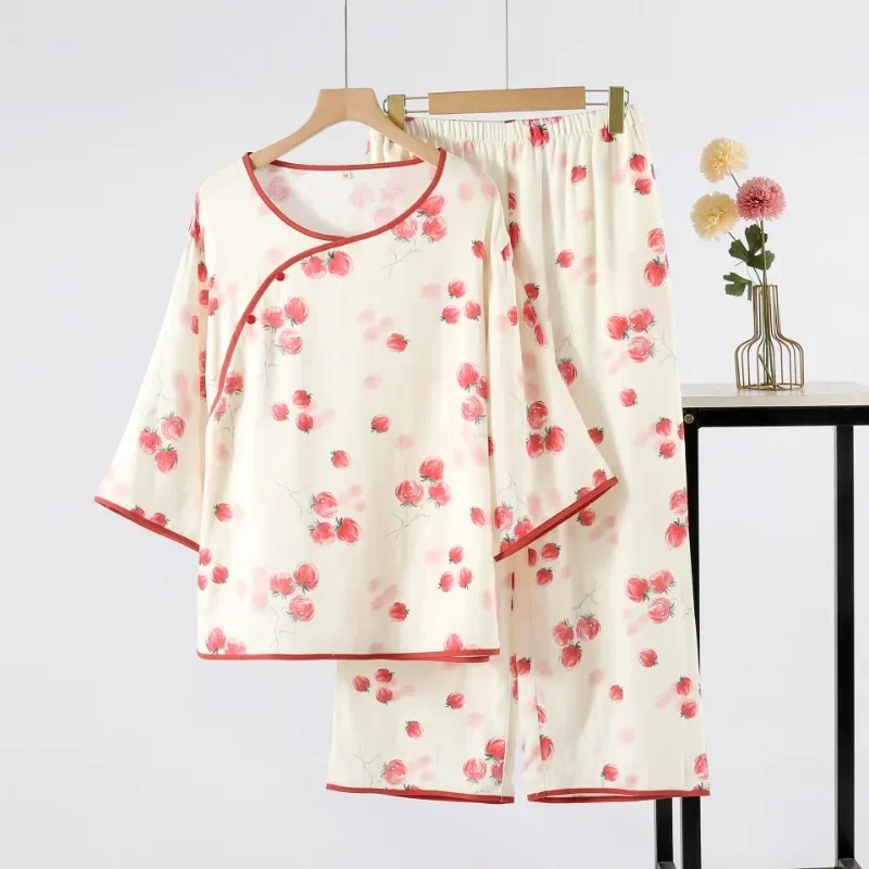 

2025 Bamboo Cotton Gauze Rose Print Pajamas for Women Long Sleeve Trousers Thin Loungewear Set Loose Leisure Sleepwear