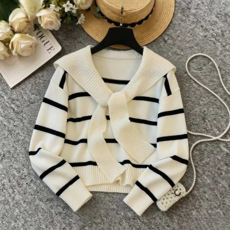 Women Red White Striped Sailor Collar Knit Sweater Bow Tie Long Sleeve Slim Fit Cropped Casual Lady Y2K Korean Style All Season