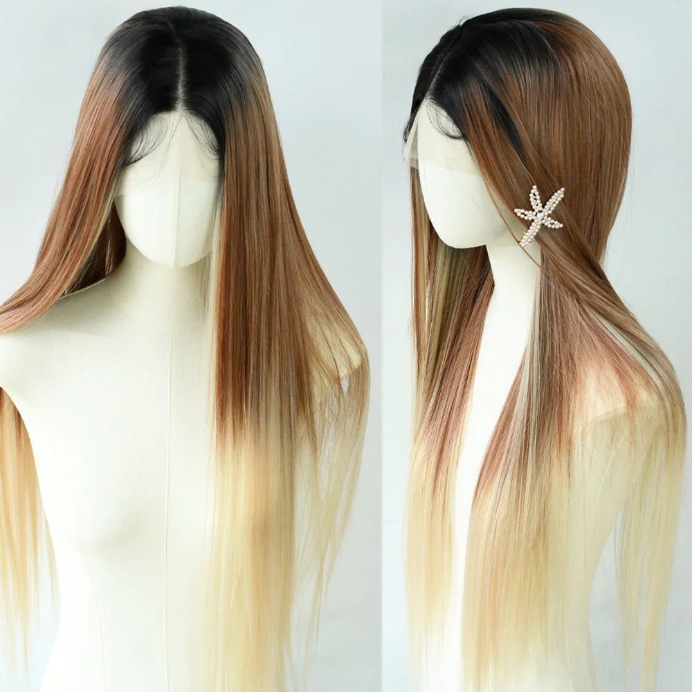 Ombre Brown Blonde Bone Straight Lace Front Wig 13x4 HD Lace Frontal Wig Synthetic High Quality Daily Wear Cosplay for Wemon