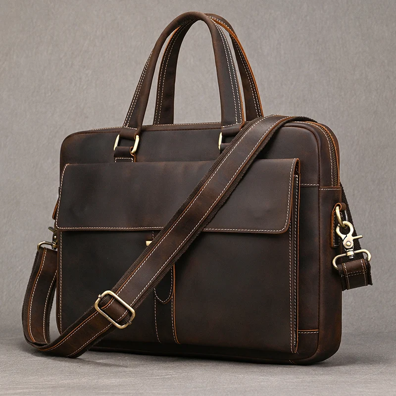 Genuine Leather Briefcase For Men Male Cowskin Laptop Business Handbag Vintage Style Crazy horse leather Shoulder Crossbody Bag