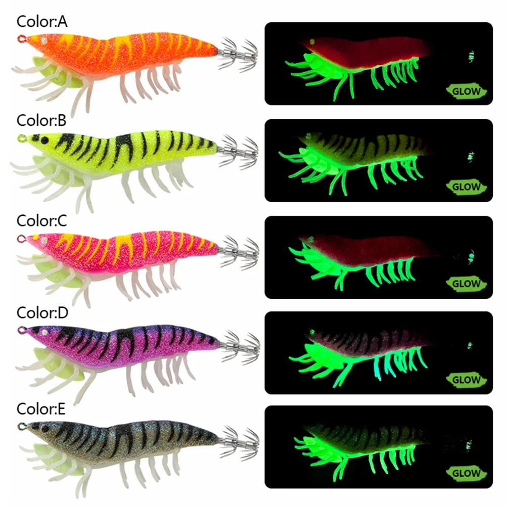 1-20PCS Luminous Shrimp Sea Fishing Lures Fake Wood Shrimp Lure Soft-Footed Imitation Shrimp Squid Hook With Double-Layered Hook