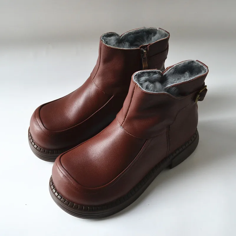 

Birkuir Thick Heel Women Ankle Boots Buckle Zippers Plush Snow Boots 3.5cm Mid Heel Winter Shoes Genuine Leather Short Boots 41