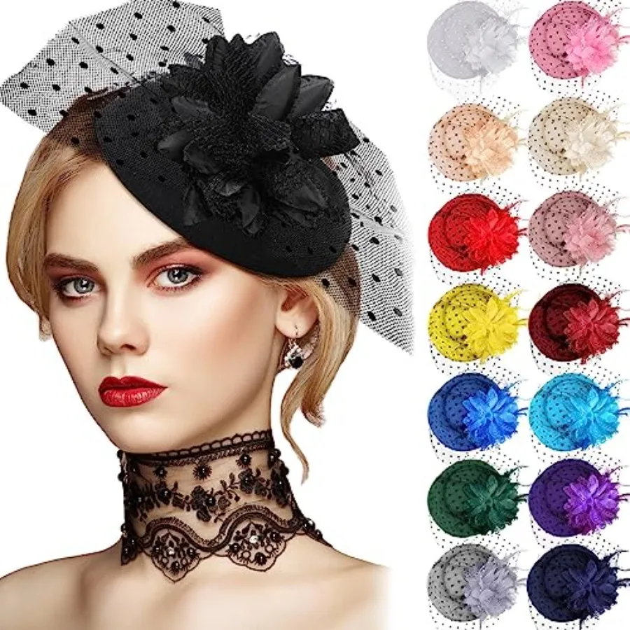

Jeyiour 15 Pcs Tea Party Hats for Women 20s Fascinators Pillbox Hats Headwear with Veil Flower Feathers for Wedding Church