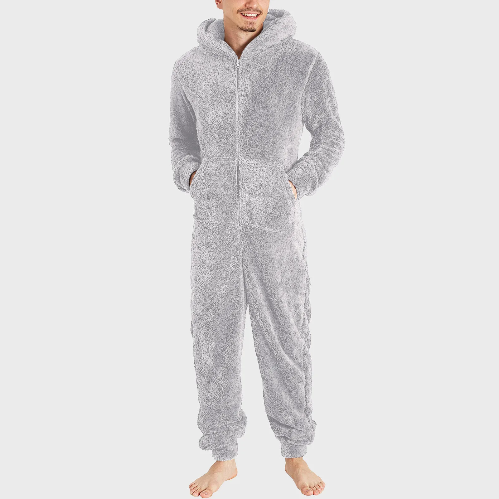 Men Jumpsuit Long Sleeve Pajama Solid Zipper Hooded Jumpsuit Casual Winter Warm Sleepwear Comfortable Male Home Clothing 2024