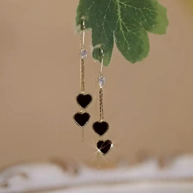 Korean Black Double Heart Long Tassel Drop Earring For Women Girl Cute Shiny Zircon Geometric Pendant Ear Line Earrings Jewelry