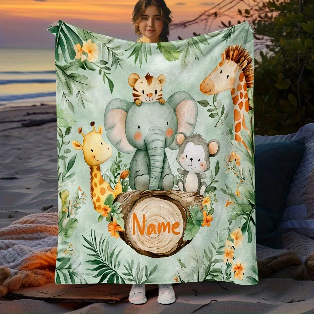 Personalized Jungle Animals Blanket Cute Cartoon Elephant Giraffe Tiger Monkey On Log Design Custom Name Soft Fleece Throw Gift