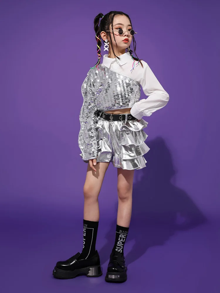 Mädchen Hip Hop Crop Top Pailletten Silber Shorts Kleidung Sets Kinder Jazz Ärmeln Outfits Kind Streetwear Street Dance Bühne Kostüm