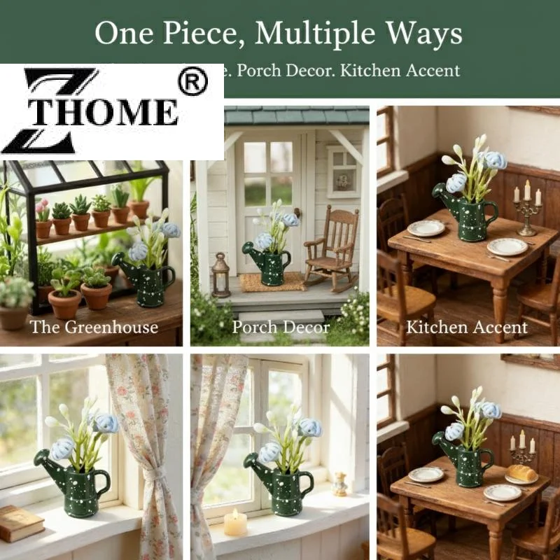 1Pcs 1:12 Retro Flower Arrangement Potted Plant Alloy Flower Vase Mini Green Pot Style Arrangement Home Decor DIY Accessories