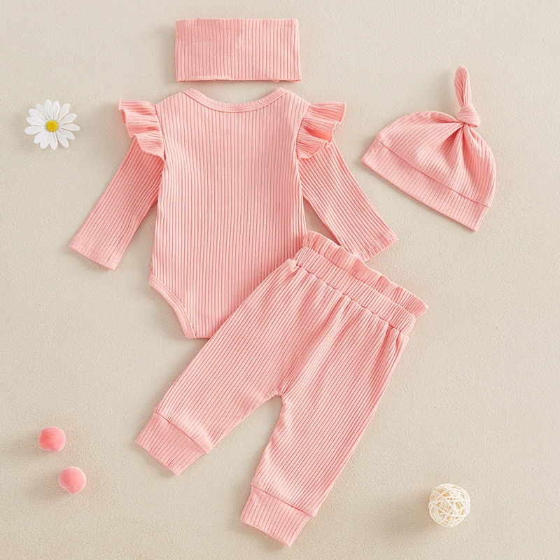 Baby Girl Fall Outfits Letter Embroidery Long Sleeve Romper Long Pants Headband Hat 4Pcs Clothes Set