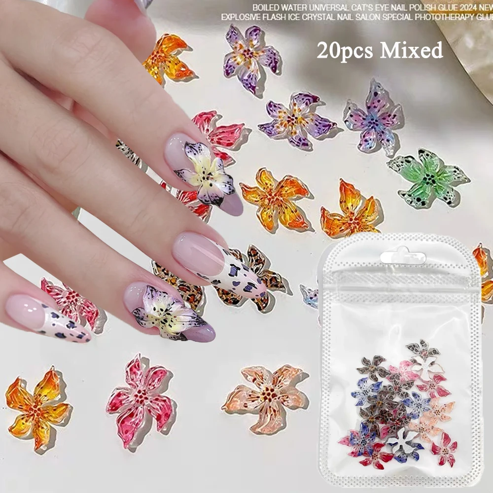 20pcs Mixed Soft Carved Ice Crystal Lily Flower Nail Charms 5D Leopard Print Colorful Jelly Five Petal Flower  Manicure Decor﻿