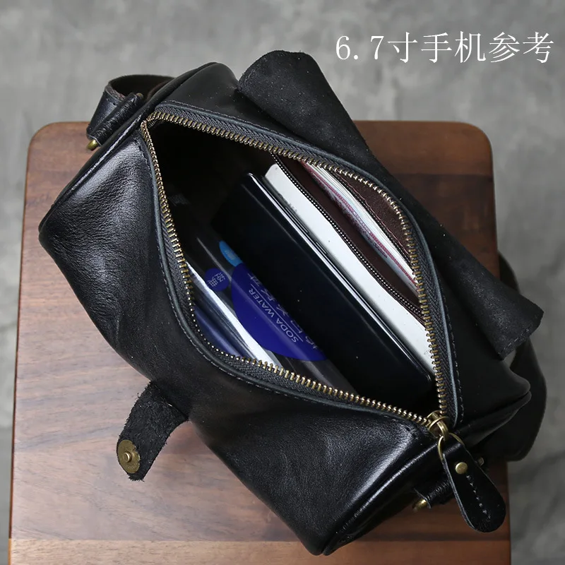 Men's Small Genuine Leather Crossbody Bag  Urban Streetwear Top Grain Cowhide Cylinder Shoulder Bag