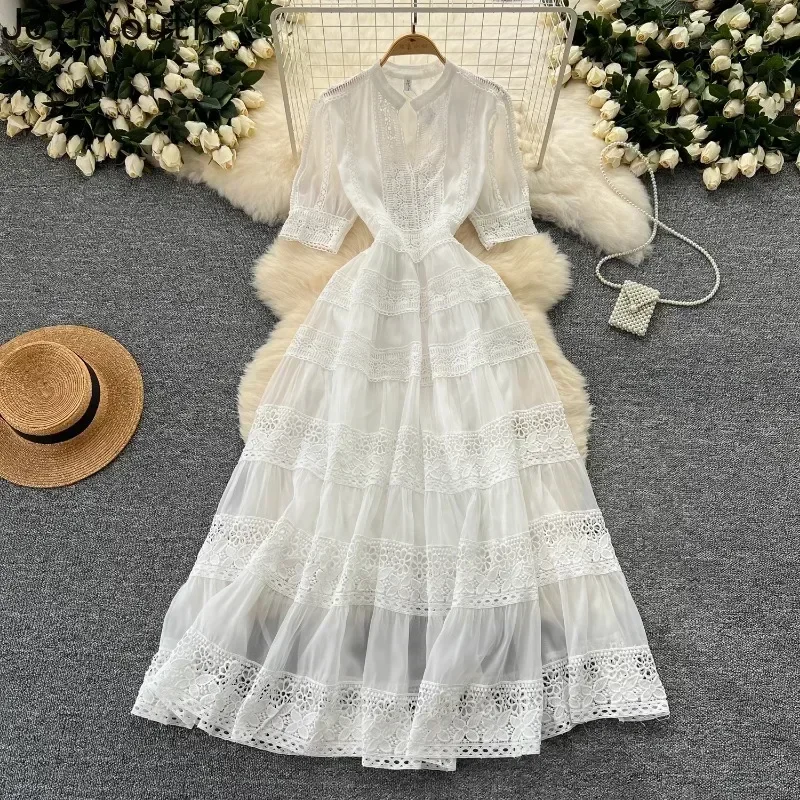 Summer Dresses for Women Slim Waist Short Sleeve Vintage Robe Femme Patchwork Lace Hollow Out Maxi Dress 2024 Vestidos De Mujer