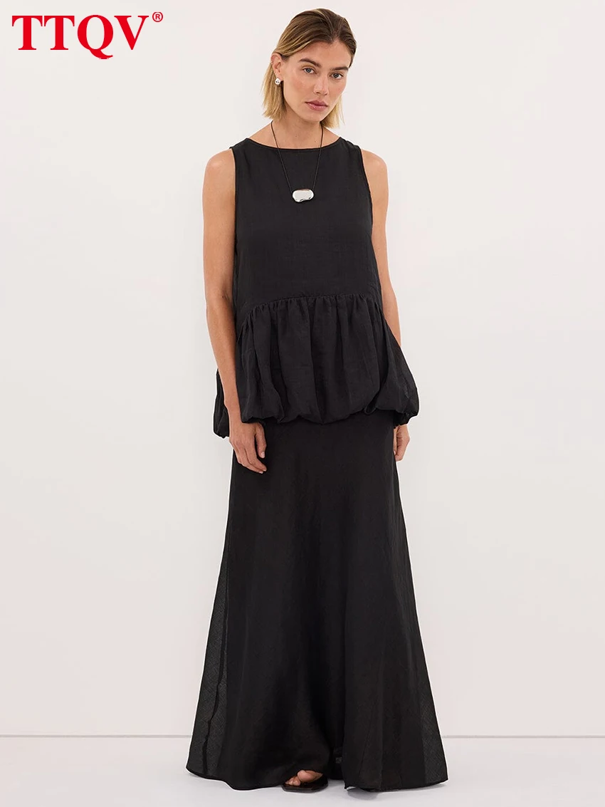 

TTQV Summer Loose Black Cotton 2 Piece Set Women 2026 Fashion Sleeveless Tank Top With High Waist Skirt Set Female Clothing