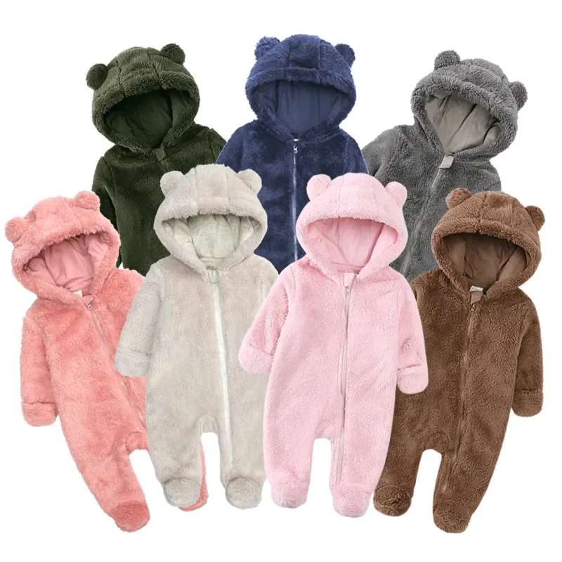 2024 Winter Thicken Fleece Newborn Baby Romper Soild Cotton Hoodies Infant Girl Onesie Toddler Boy Jumpsuits Warm Casual Outfits