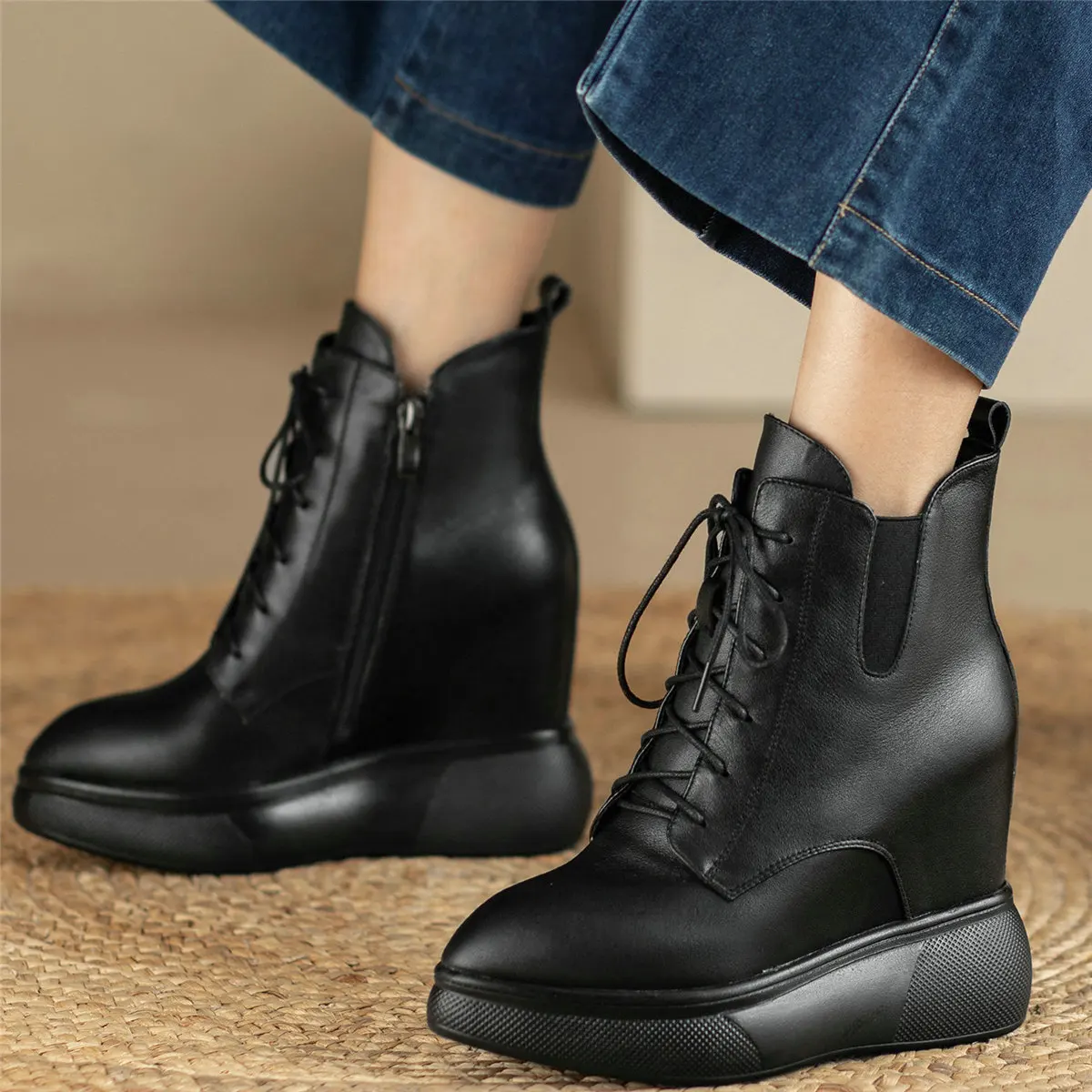 Platform Pumps Women Lace Up Genuine Leather Wedges High Heel Snow Boots Female Winter Pointed Toe Fashion Sneakers Casual Shoes