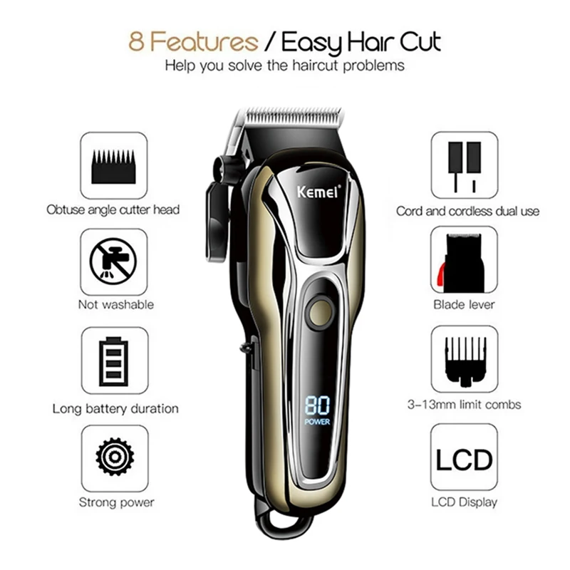 Kemei المهنية مقص الشعر قابلة للشحن المتقلب الرجال الكهربائية القاطع آلة قطع الشعر LCD اللاسلكي أداة تهذيب اللحية KM-1990