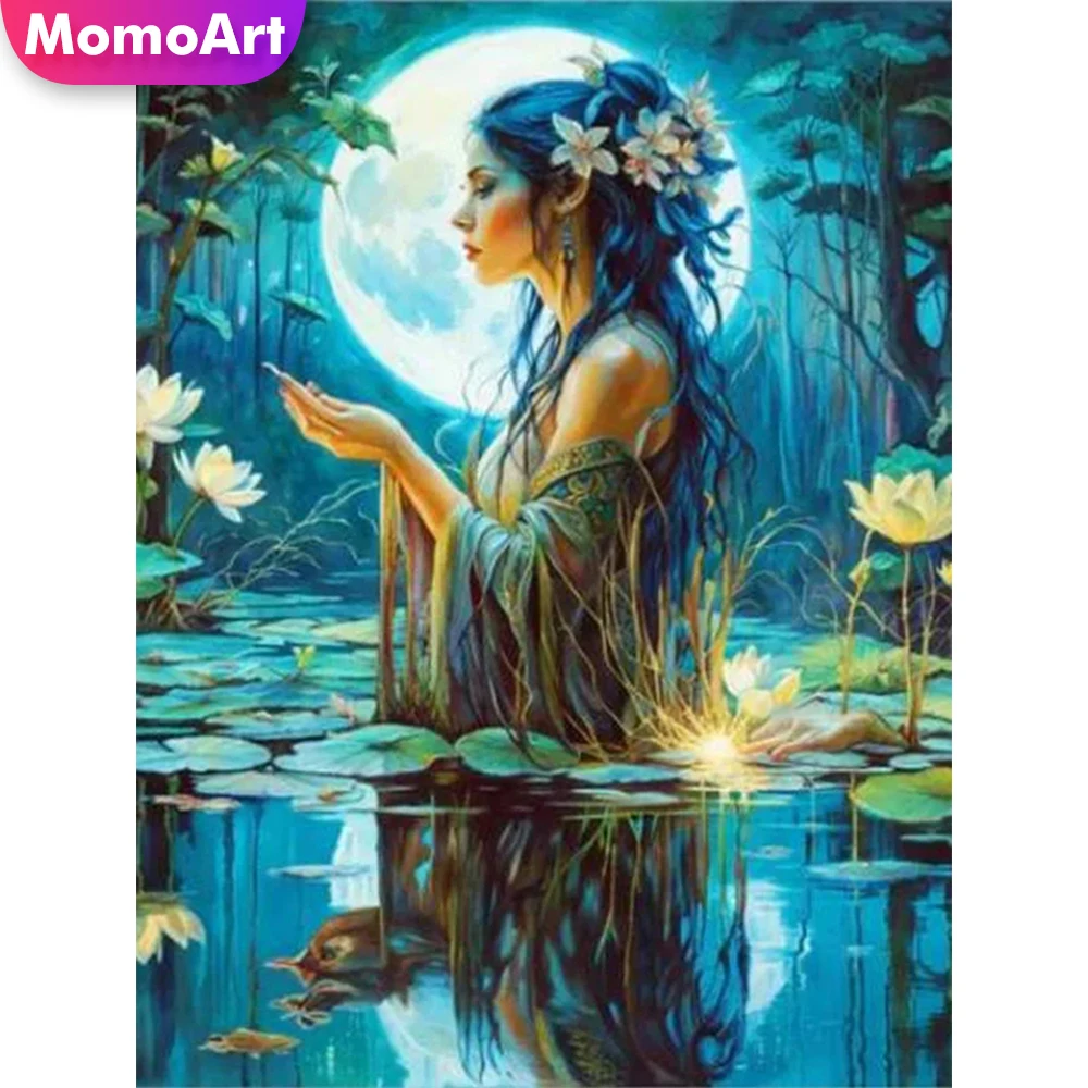 لوحة ماسية للنساء من MomoArt ، قمر فسيفساء ، مربع كامل ، زهرة مستديرة ، تطريز لوتس ، بحيرة ، هواية مصنوعة يدويًا ، وصول جديد