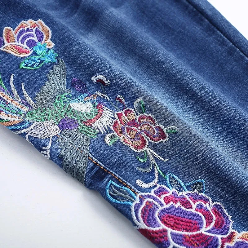 High waisted Denim flared Trousers Women\'s 2024 Spring/Summer New Slim Embroidery Jeans Female Elastic Casual Long Pants