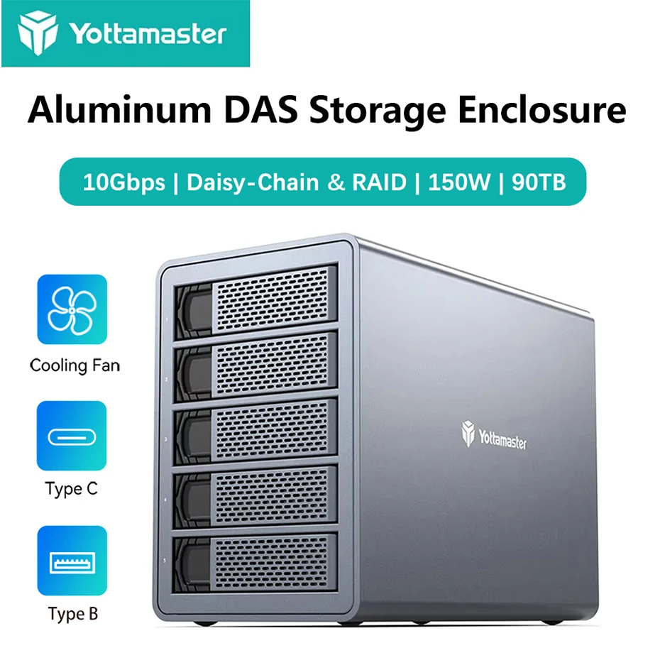 Estação de Acoplamento Yottamaster Multi-Bay SATA para HDD, 10Gbps, Conexão Daisy Chain USB-C 150W, RAID para Discos Rígidos SATA de 2.5"/3.5", até 90TB