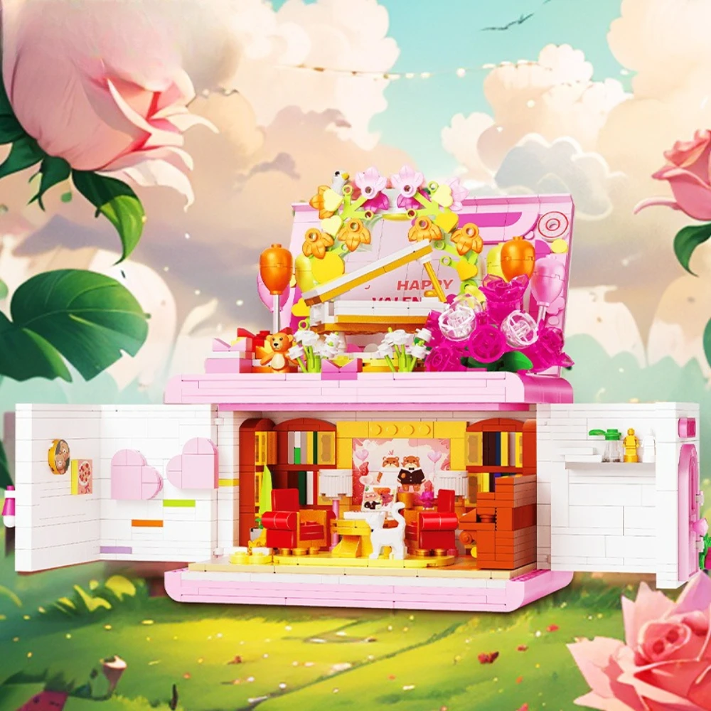 

MOC Valentine's Day Pink Flower Language Piano Balloon Building Blocks Set Exclusive Confession Musical Instrument DIY Toys Gift
