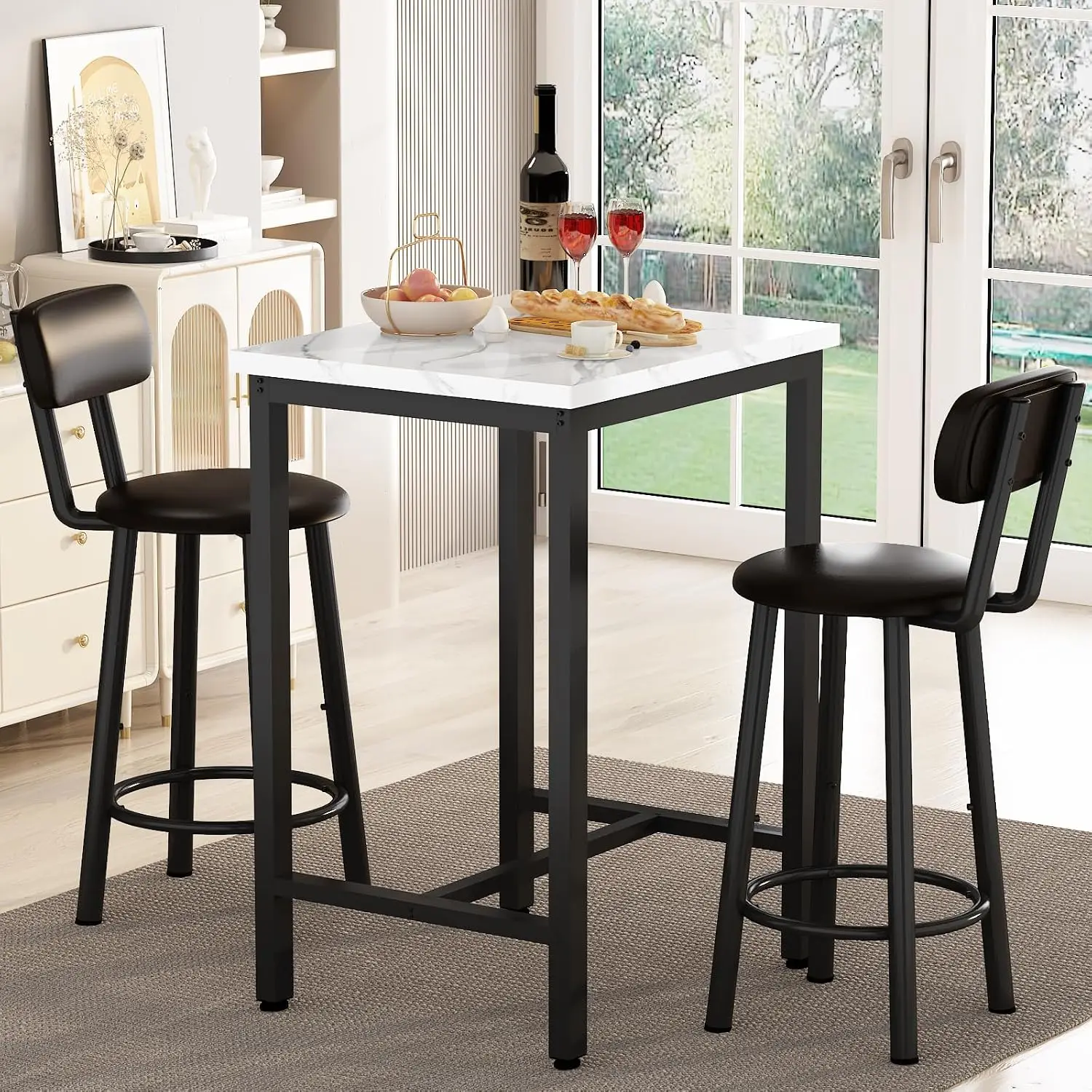 3 Piece Bar Table Set of 2,Mordern Bistro Table with 2 Counter Height Barstools, Faux Marble Pub Table Set for Small Space,Small view 2