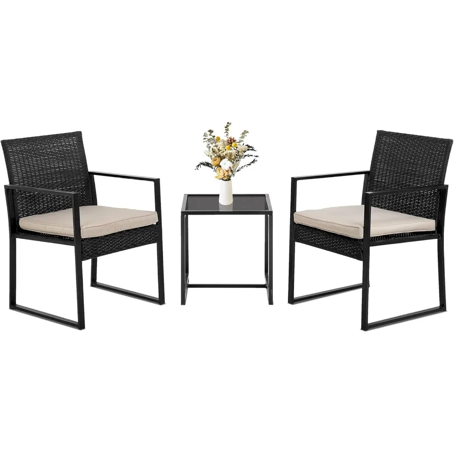 

3Piece Patio Furniture Set in Khaki with Coffee Table Modern Rattan Chairs Conversation Set for Outdoor Seating WeatherResistan