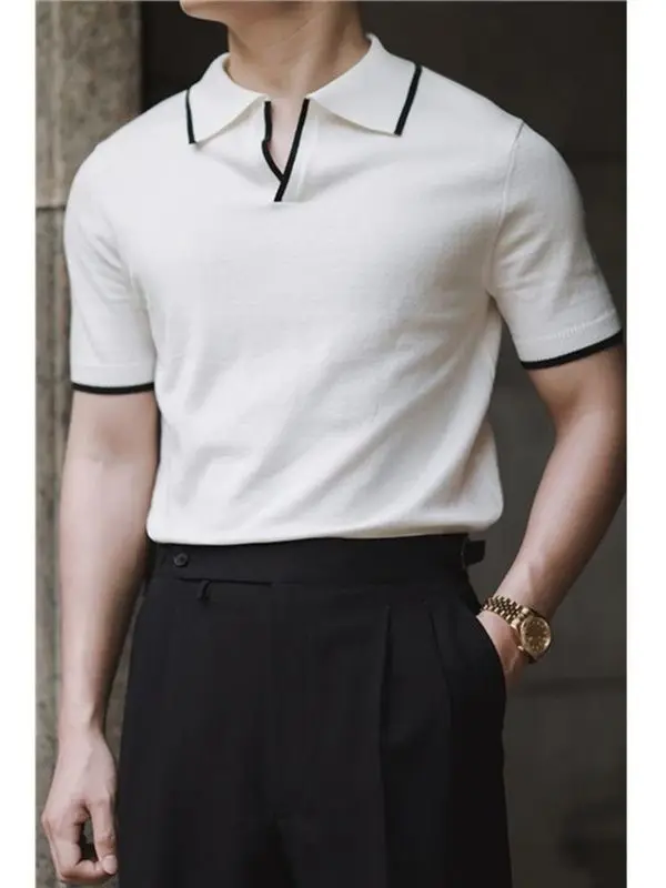 Oversized Summer Short Sleeve Men's Knit Polo Shirt New Fashion Solid Loose Lapel Neck Polo Shirts Mens Streetwear Top D25