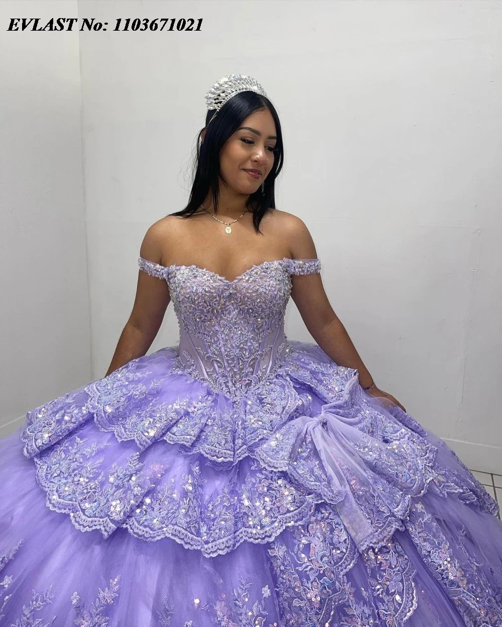 EVLAST Personalizzato Lilla Abito Quinceanera Abito di Sfera Lucido Pizzo Paillettes Applique Corsetto di Perline Dolce 16 Abiti Da 15 Anos SQ746