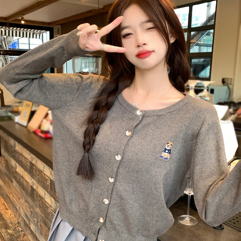 Simple Lazy Style Casual Cardigan Solid Color Round Neck Slim Fashion Retro Korean Version Long Sleeve Spring Autumn Top