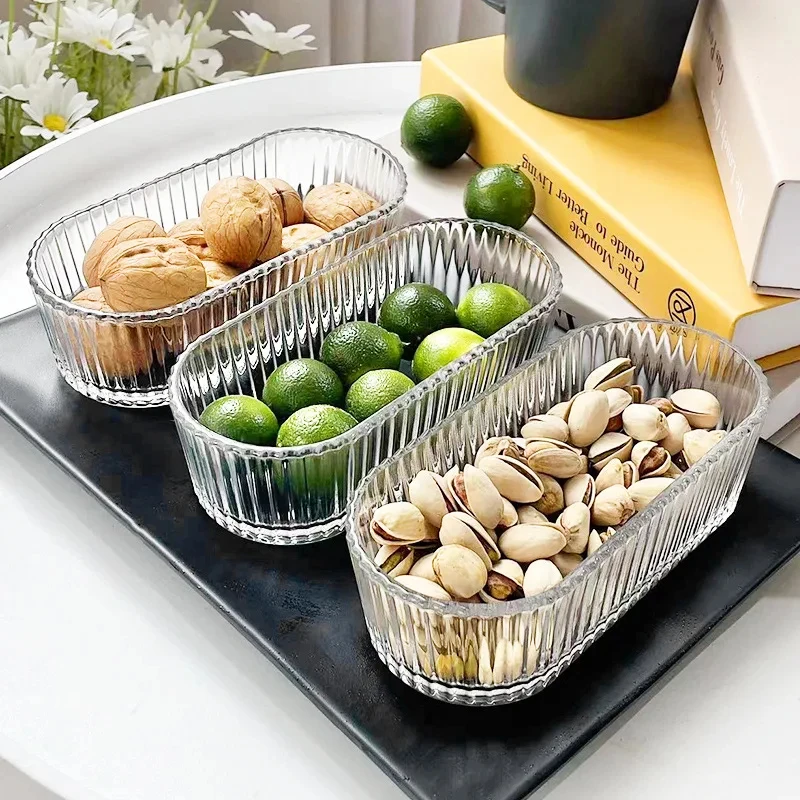 1pc Transparent Striped Glass Snack Plates Small Candy Nuts Container Kitchen Accessories Dry Fruit Bowl Home Party Serving Dish