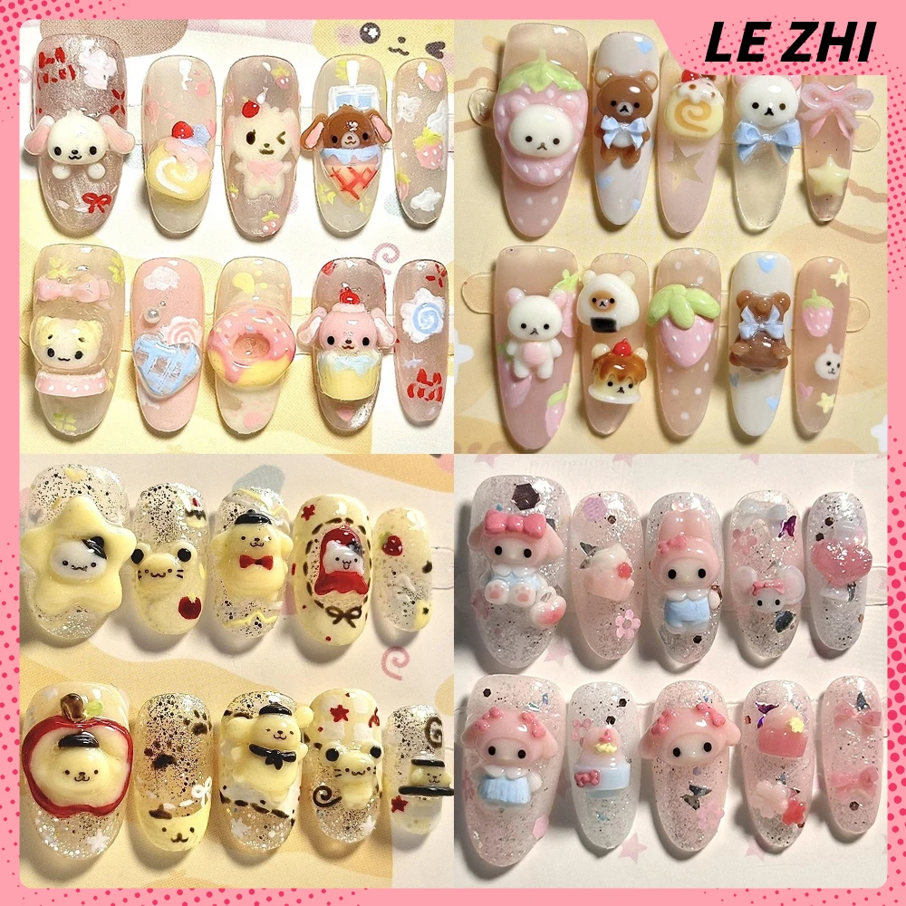 

10Pcs Kawaii Hello Kitty My Melody Pom Pom Purin Handmade Press On Nail Cartoon Rilakkuma Long Ellipse Nails Party Sticker Gift