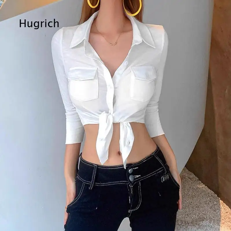 Lapel Pocket Button Down Cropped Blouse for Women 3/4 Sleeve Front Tie Hem Slim Casual Top