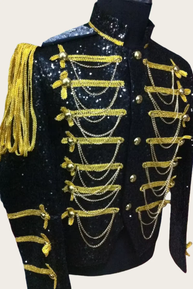 Handmade Man Sequins Tassel Epaulet Royal Jacket Party Show Theme Costumes Nightclub Singer Dancer Stage Performance Coat