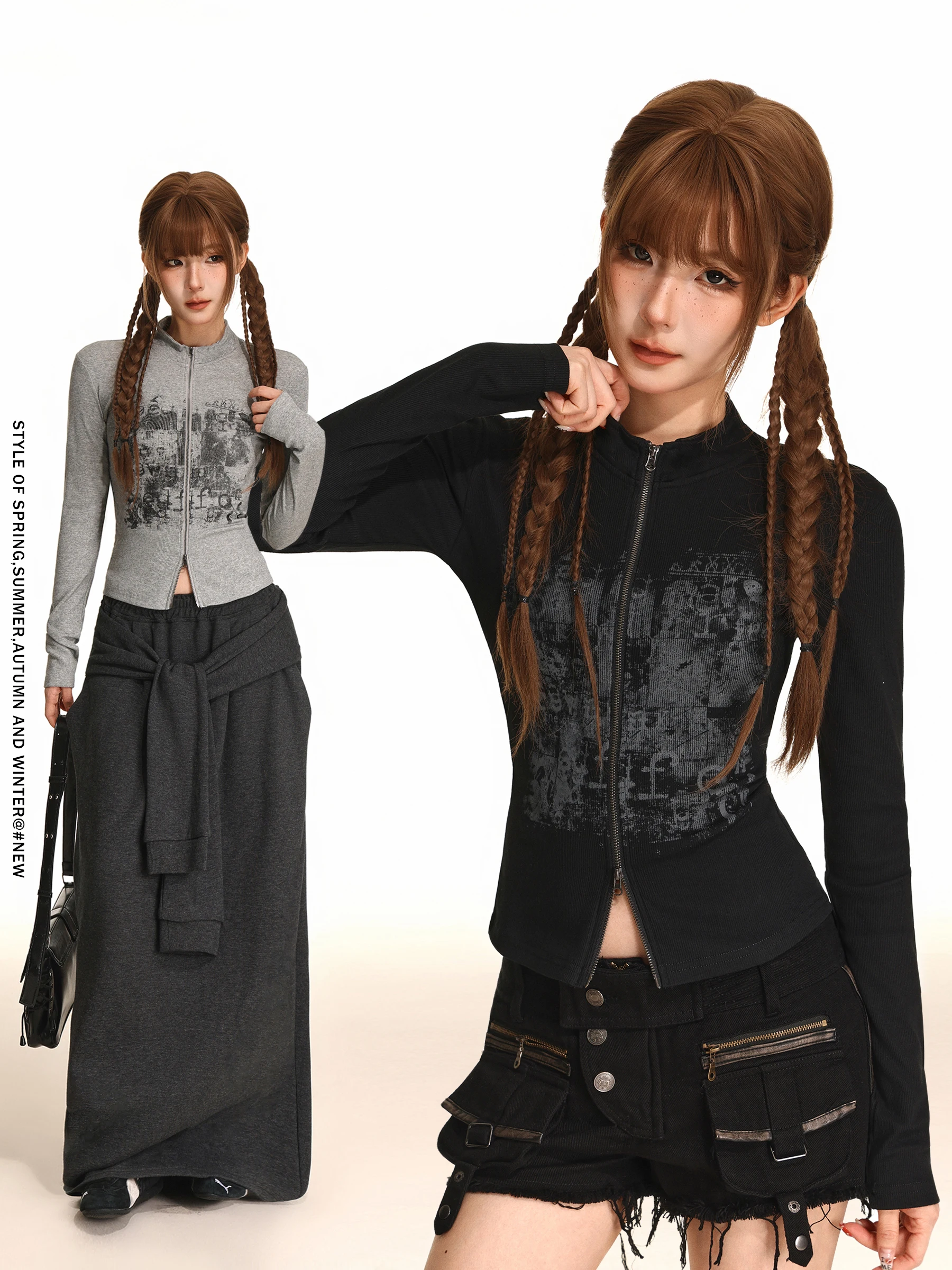 

Американская женская футболка с двойной молнией и застежкой на талии, утягивающая верхняя одежда с принтом, винтажная длинная све