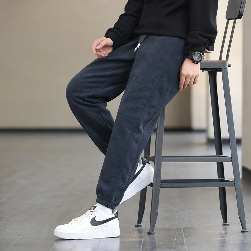 Autumn Winter Men's Straight-Leg Casual Pants Black Gray Khaki Corduroy Thermal Straight Trousers Elastic Waist with Drawstring