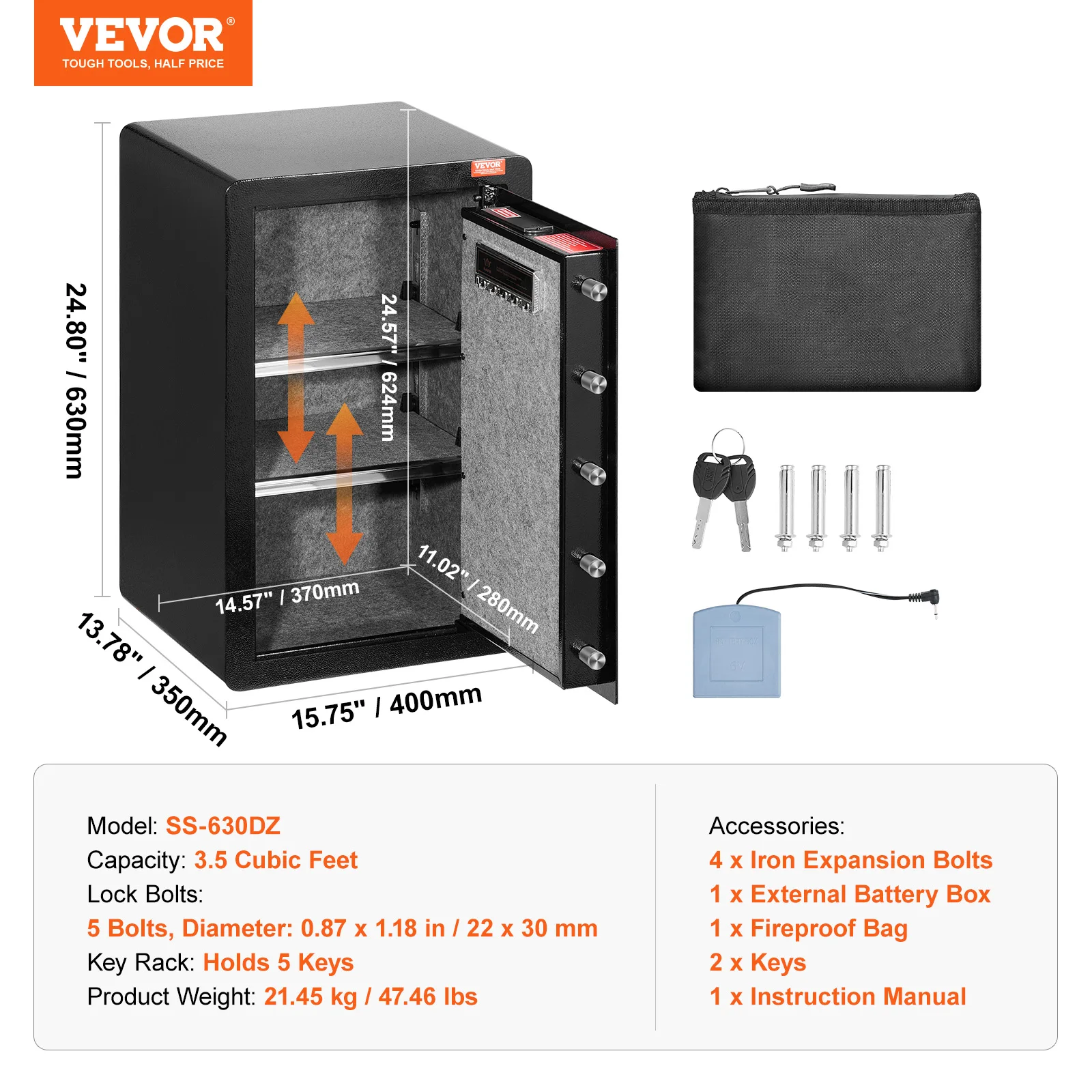 SucceBuy Enkele deur 4,0 cu.ft kluis met sleutelslot Wachtwoord en vingerafdruk Safe Lock Box met vuurvaste tas Sleutelrek en LED-licht - afbeelding 1