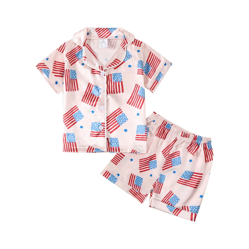 

Kids Girls Pajamas Set Flag Print Short Sleeve Button Closure Tops with Elastic Waist Shorts Sleepwear