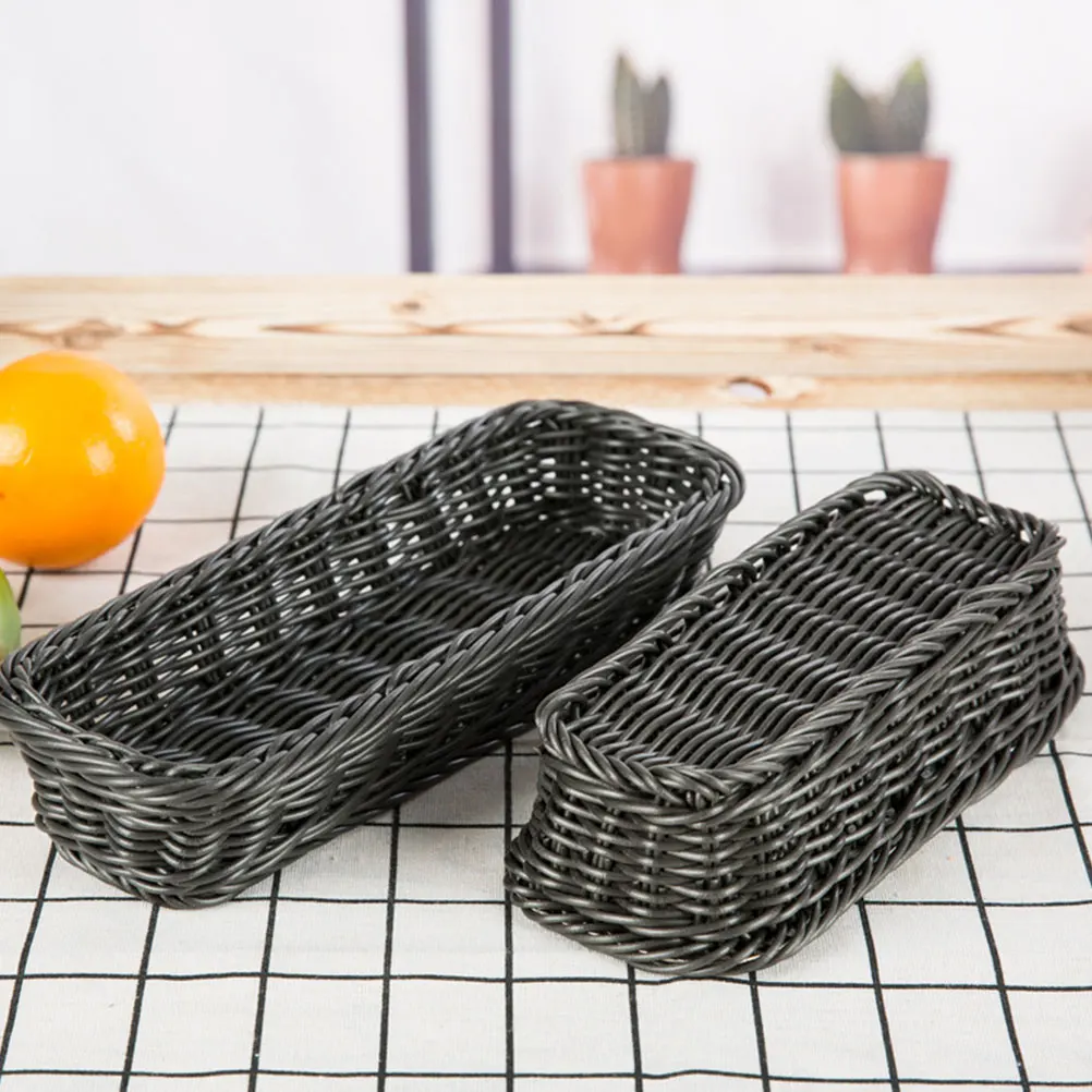

Imitation Rattan Woven Storage Basket For Kitchen Home Multi-Functional Rectangular Plastic Basket Bread Snack Food Dark Grey