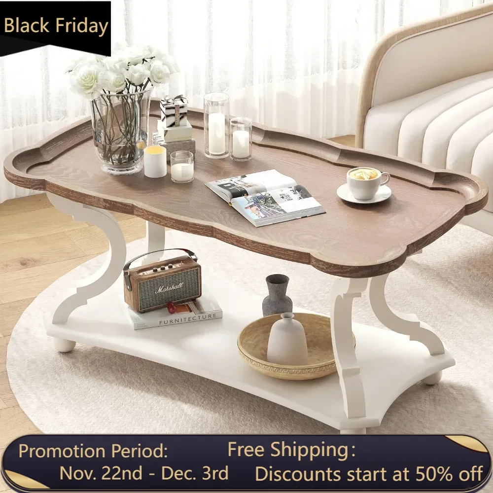 Retro white functional family farmhouse coffee table with natural tray top sofa table and carved legs, free shipping