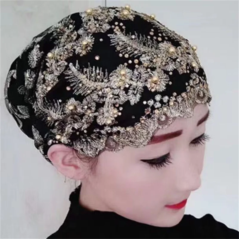 Breathable Embroidery Lace Turban Cap Women's Summer Beanies Bonnet Muslim Headscarf Hat Ladies Head Wraps Ready Hijab 6