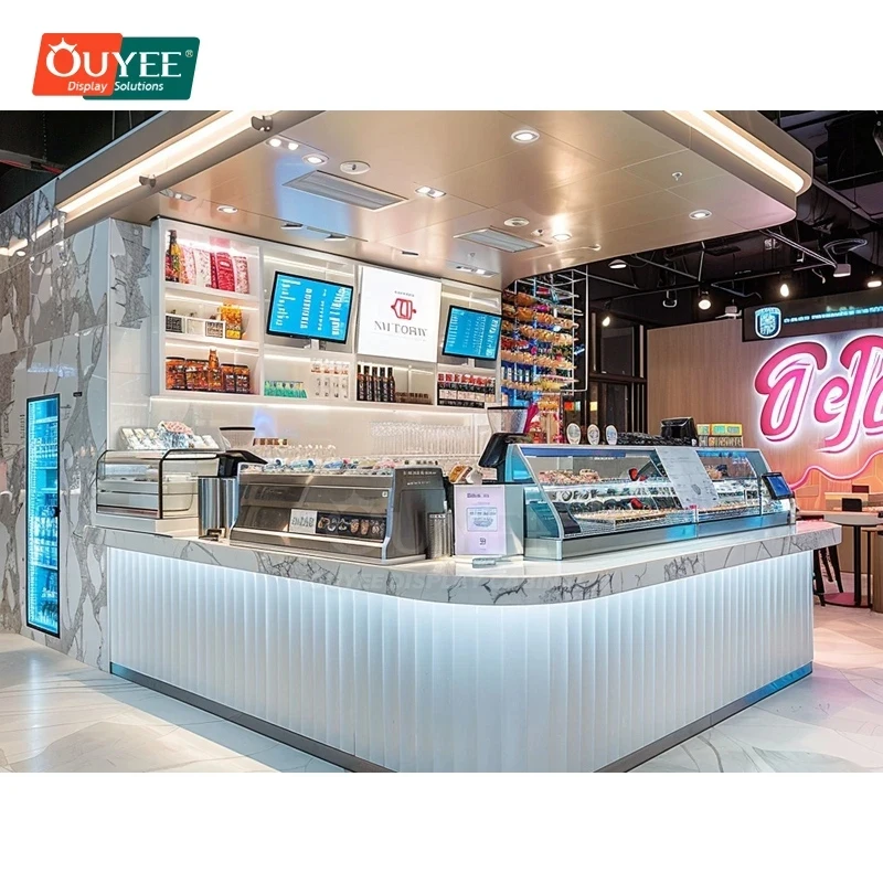 custom.Contemporary Coffee Shop Interior One Stop Service Cafe Turnkey Solution Height Adjustable Display Cabinet