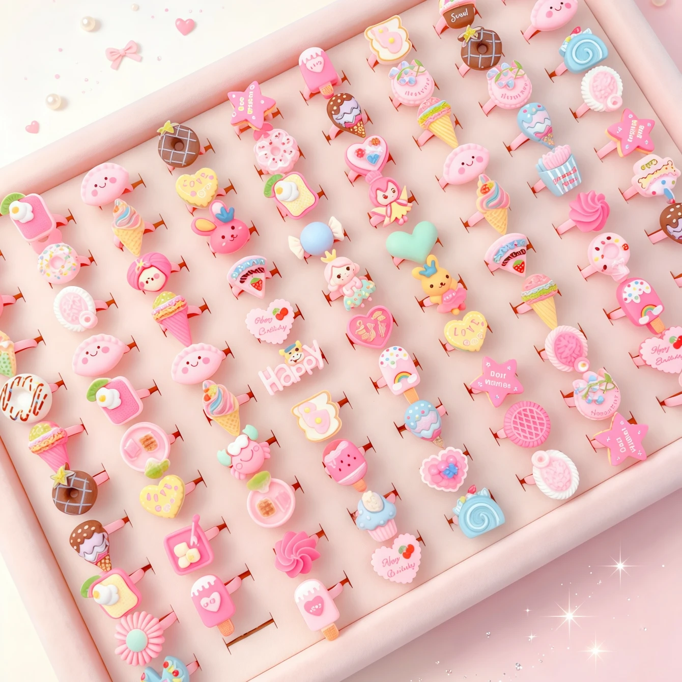 24/36/48/68/100/200Pieces Cute Colorful Resin Open Rings Set For Children Girls Mix Style Flower Animal Fruit Jewelry Party Gift