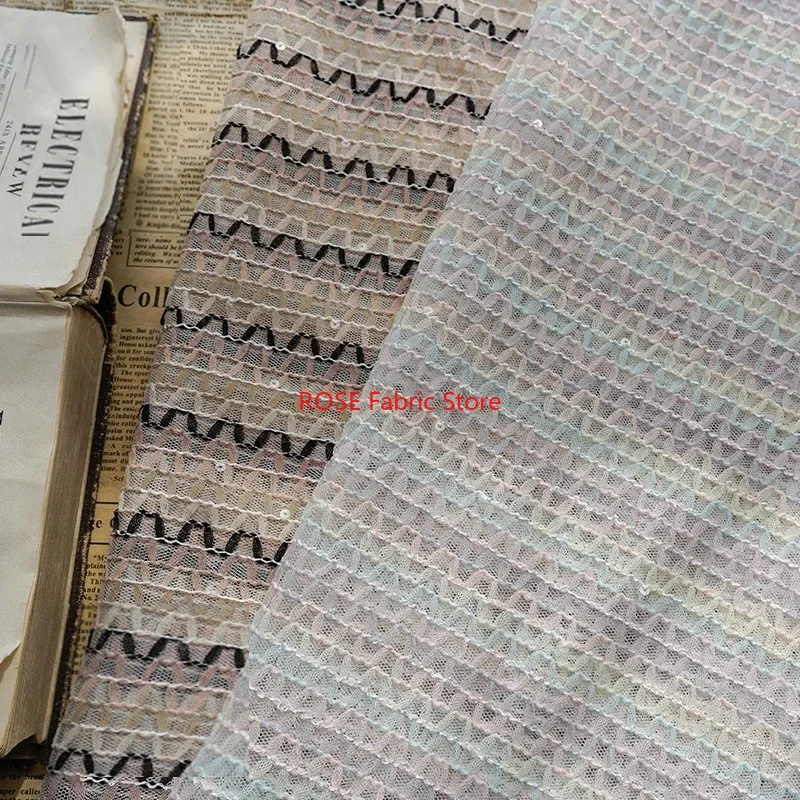 Two-color Striped Hook Embroidery Tulle Lace Fabric For Women's Spring Summer Dress, Party dress,  Skirt, Handmade DIY Fabric