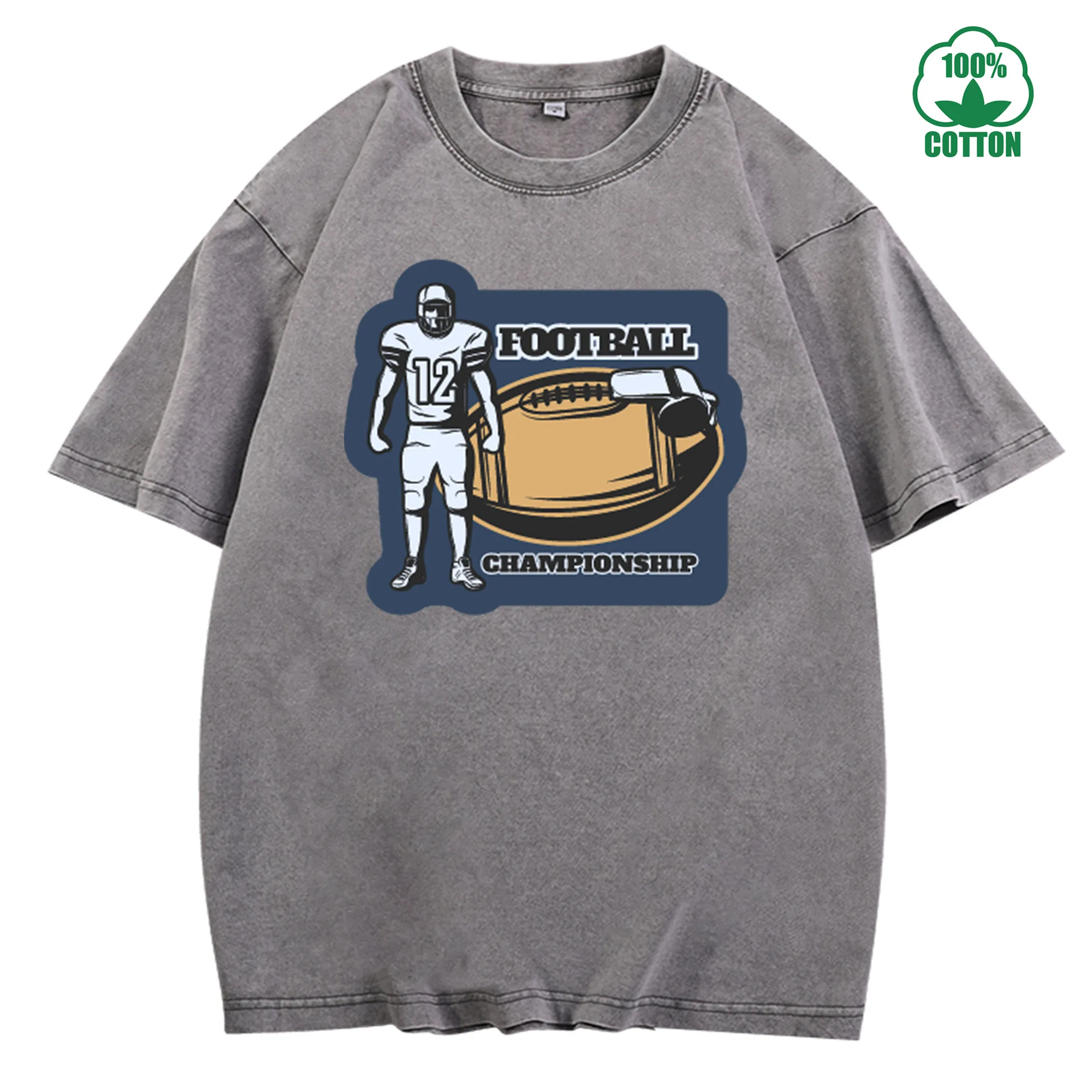 تي شيرت كلاسيكي مغسول بشارة كرة القدم 230 جرام 100% قطن مريح كبير الحجم ملابس الشارع للجنسين #3