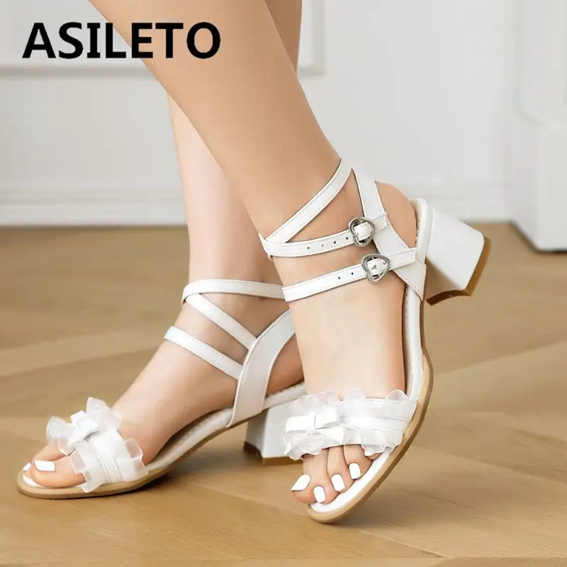 ASILETO 2024 New Summer Sweet Women Sandały 32 33 Block Heel 5cm buty Ankle Buckle Strap Bowknot Big Size 45 Dating Shoes