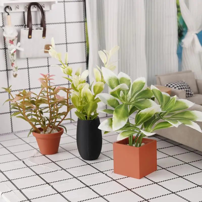1Pcs Mini Artificial Potted Plant Dollhouse Fake Greenery Ornament Assorted Pot Shape Mini Plant For 1:12 Scale Doll House Decor