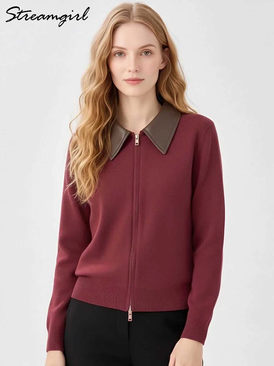 Women Knit Cardigan Autumn Winter Vintage Color Block Leather Collar Loose Double Zipper Sweater Oversized Streetwear Women Coat