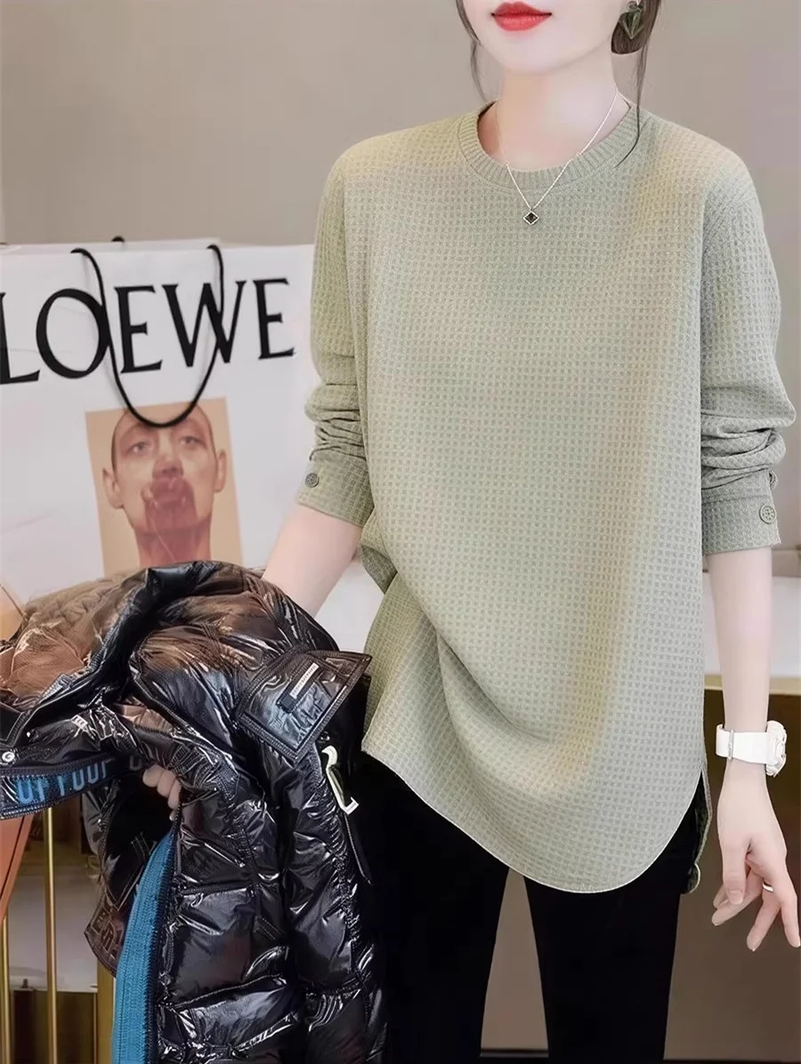 Loose Fit Long Sleeve Fleece Lined mid Length Women's T-Shirt Green Butt Covering plus Size Slit Ins Trendy Brand T-Shirt