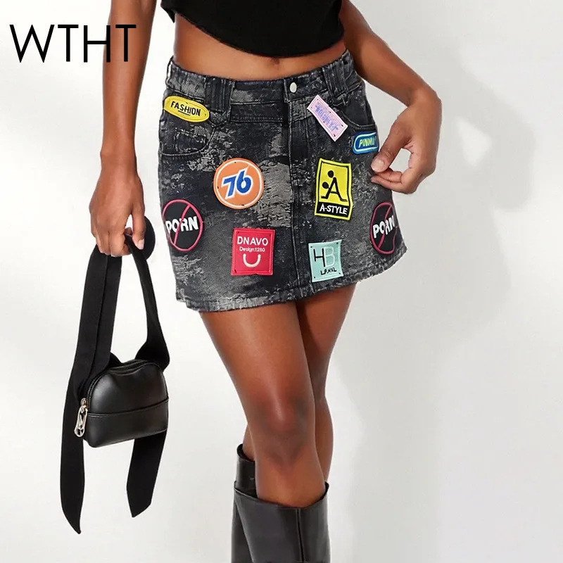 

WTHT Fashion New Women's Spliced Embroidery Badge Design Denim Mini Skirts 2025 Summer High Waist Wrap Hip Skirt Female 1LS2242